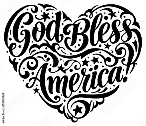 Heart-shaped patriotic graphic design featuring "God Bless America" in decorative script font. Patriotic design with no specific demographic details in a simple, classic style.