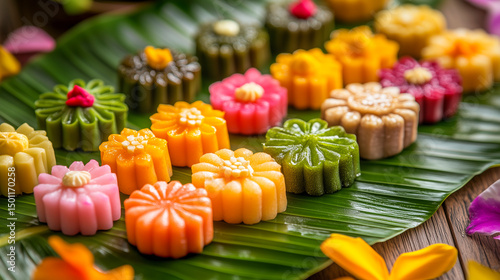 A vibrant assortment of traditional colorful Thai desserts shaped like flowers, beautifully arranged on a banana leaf.
