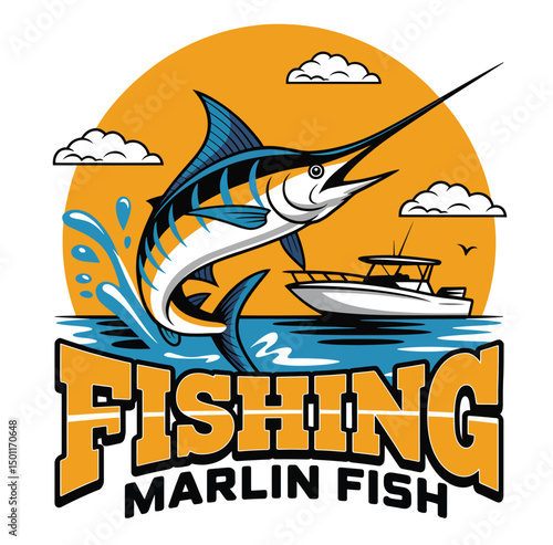 Marlin Fish Jumping Ocean Fishing Boat Sunset Illustration