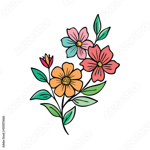 Whimsical Floral Arrangement with Delicate Petals and Vibrant Colors on a White Background