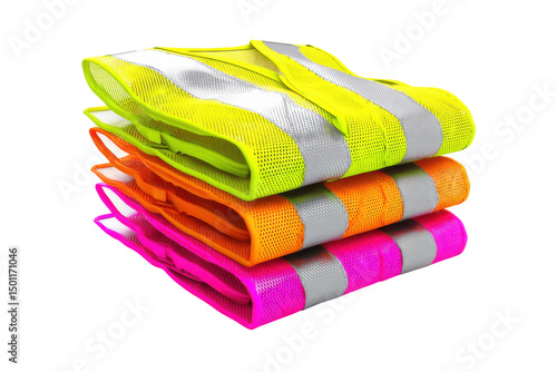 Stacked hi-vis vests isolated on transparent PNG background