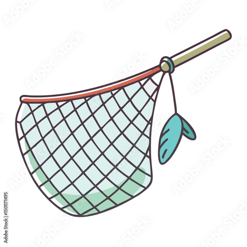 Cartoon illustration of a fishing net with leaves caught inside, light colors