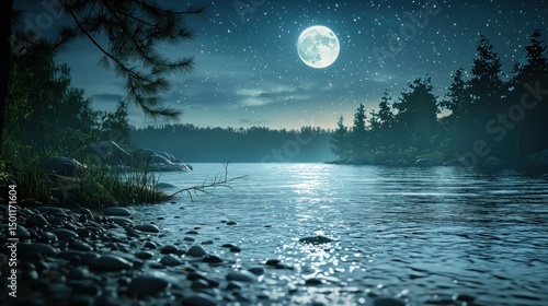Night river landscape under full moon