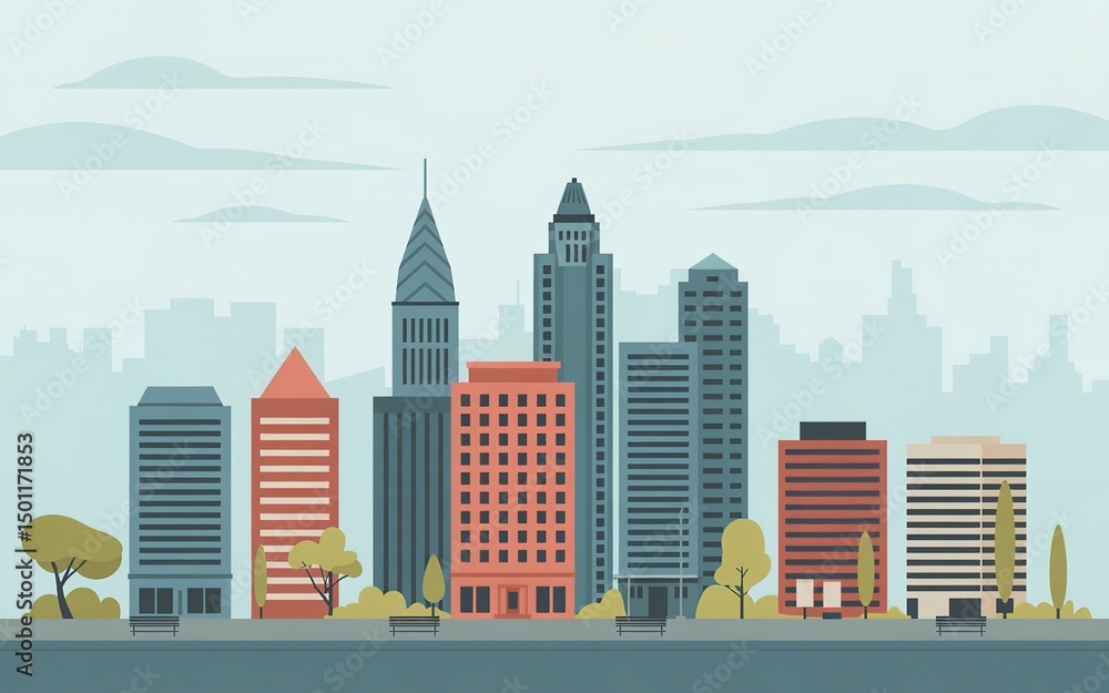 Obraz premium Flat cityscape view showcases modern architecture, green trees and cloudy sky as a peaceful urban scene