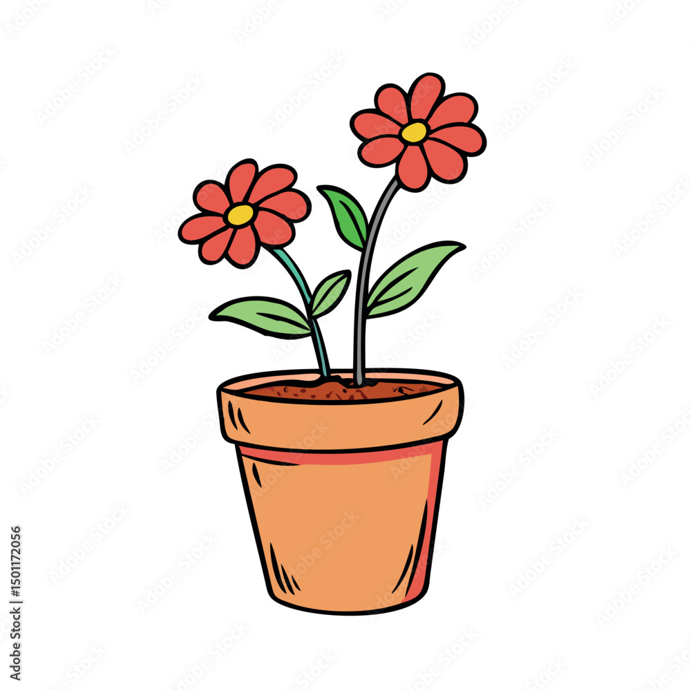 Fototapeta premium Colorful Cartoon Flowers in a Terracotta Pot Blooming with Green Leaves