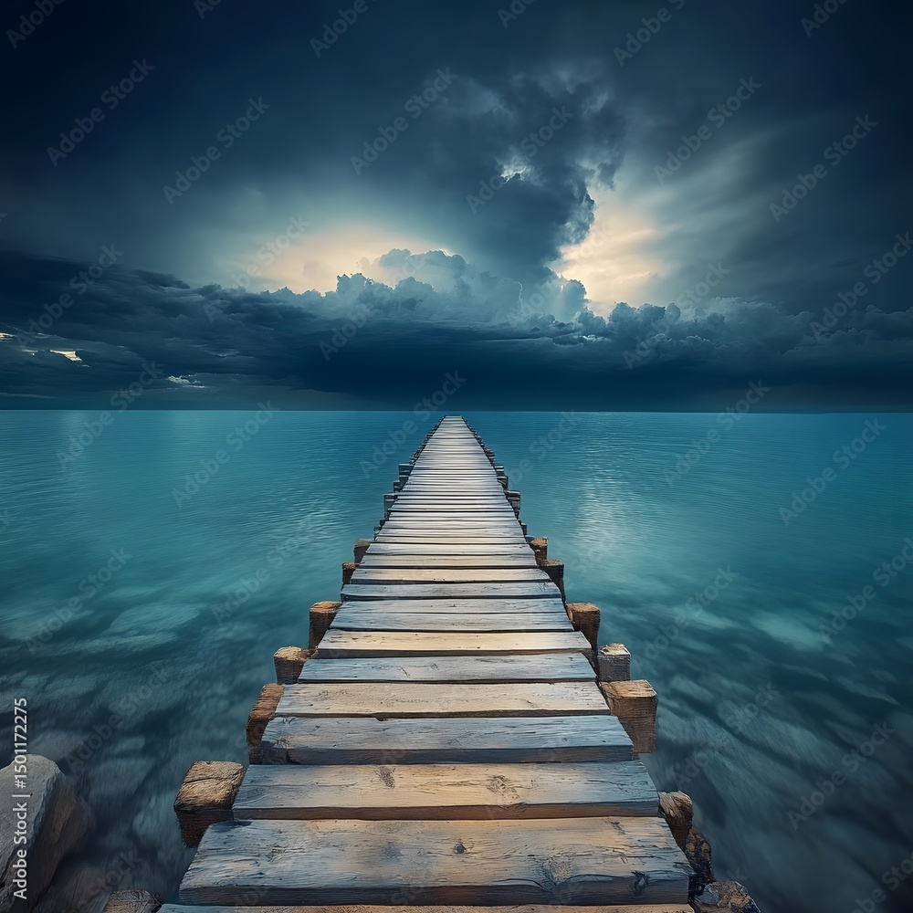 Fototapeta premium Wooden Pier Extending to Dramatic Ocean Storm Sky
