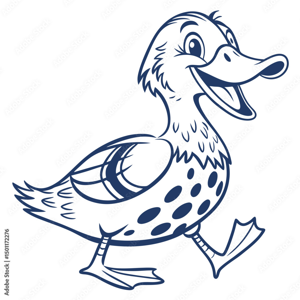 Fototapeta premium Outlined cartoon duck cheerfully strides with dotted body, radiating whimsical happiness in motion
