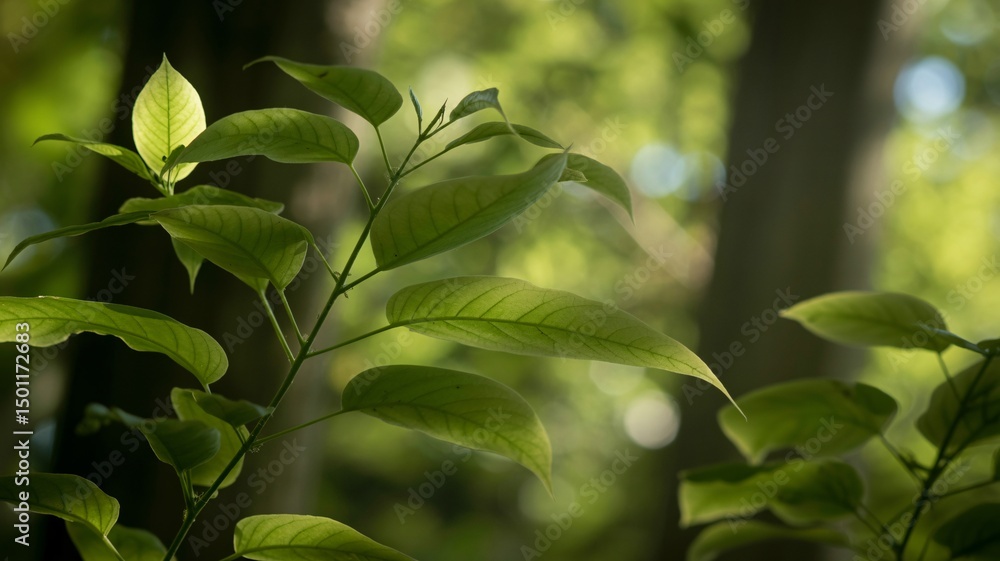 Fototapeta premium Close-up of vibrant green leaves against a blurred forest background, evoking tranquility and nature.