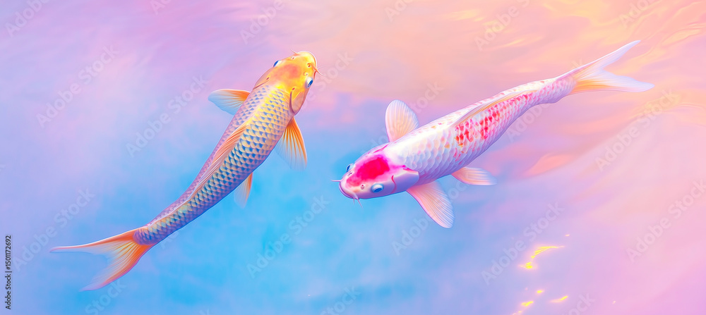 Fototapeta premium Two koi fish gracefully swimming in pastel-colored water.