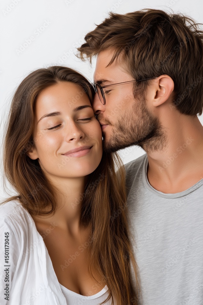 Young caucasian couple sharing a tender moment with a kiss Young caucasian couple sharing a tender moment with a kiss