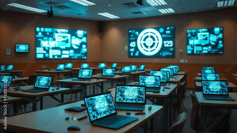 Multiple tables in a room filled with laptops and futuristic holographic displays A futuristic classroom scene with holographic displays and interactive learning tools Multiple tables in a room filled with laptops and futuristic holographic displays A futuristic classroom scene with holographic displays and interactive learning tools