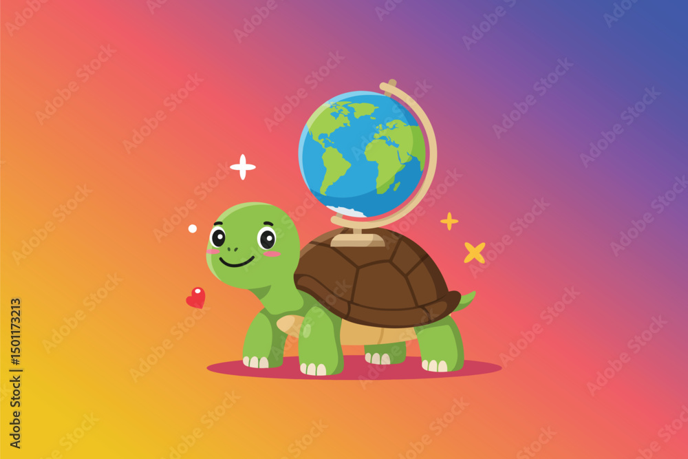 Obraz premium Turtle with World Shell Cartoon Vector Icon Illustration 