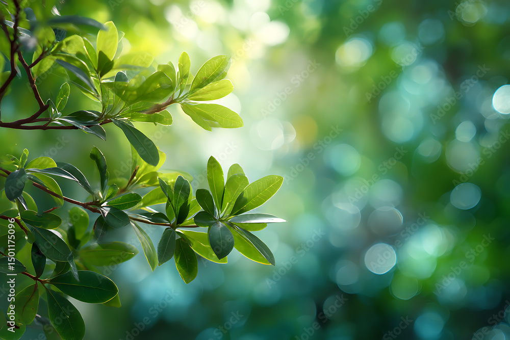 Fresh green leaves and branches illuminated by sunlight creating a natural bokeh background Fresh green leaves and branches illuminated by sunlight creating a natural bokeh background