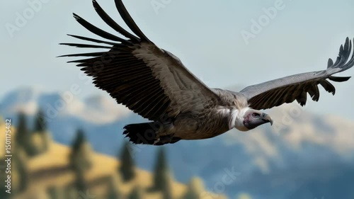Majestic griffon vulture soaring through the air, wings spread, gliding through the vast landscape on a clear day, natural wildlife photography