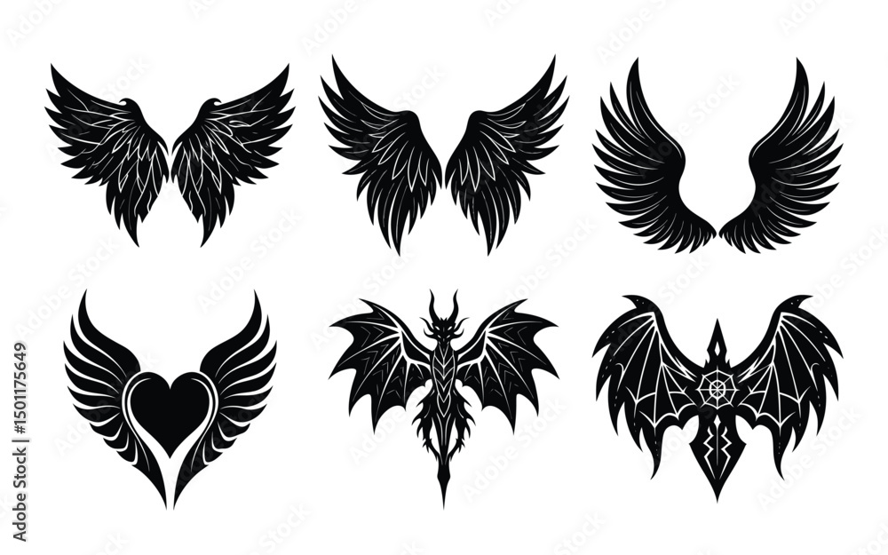 Obraz premium set of wings on white background. vector silhouette wings