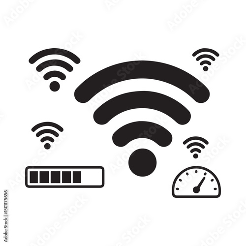 A vector illustration of a wifi icon sheet with multiple wifi symbols.