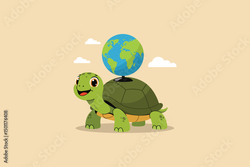 Turtle with World Shell Cartoon Vector Icon Illustration	