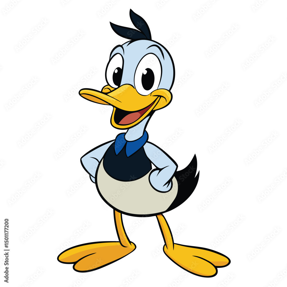 Fototapeta premium Cheerful cartoon duck is standing with his hands on his hips and smiling
