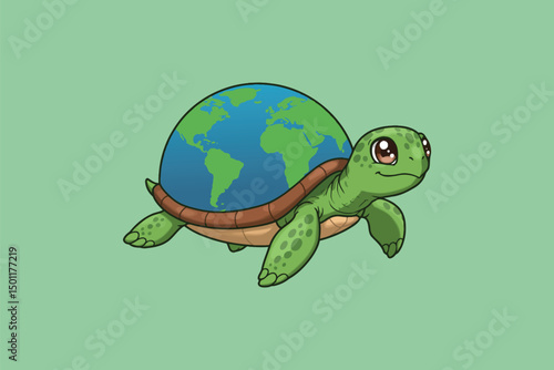 Turtle with World Shell Cartoon Vector Icon Illustration	