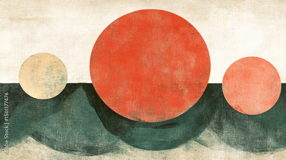 Abstract Red Orange Beige and Teal Circles Over Dark Green Waves Grunge Texture Abstract Red Orange Beige and Teal Circles Over Dark Green Waves Grunge Texture