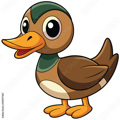 A cute cartoon mallard duck stands upright against a pristine, clear white backdrop