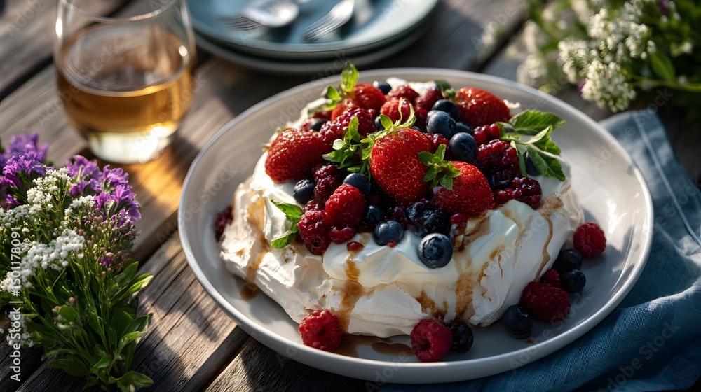 Berry Pavlova Delight: A light meringue dessert topped with fresh strawberries, blueberries, raspberries and cream on a wooden table. Berry Pavlova Delight: A light meringue dessert topped with fresh strawberries, blueberries, raspberries and cream on a wooden table.