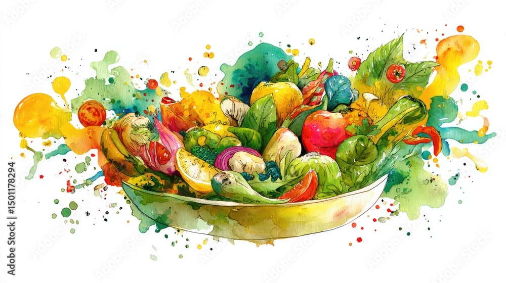 Veggie watercolor fresh salad bowl splash art on white. Veggie watercolor fresh salad bowl splash art on white.