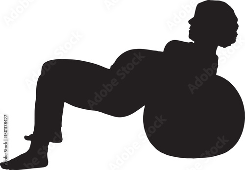  vector; silhouette of a side view Pregnant woman exercising with a ball on the floor