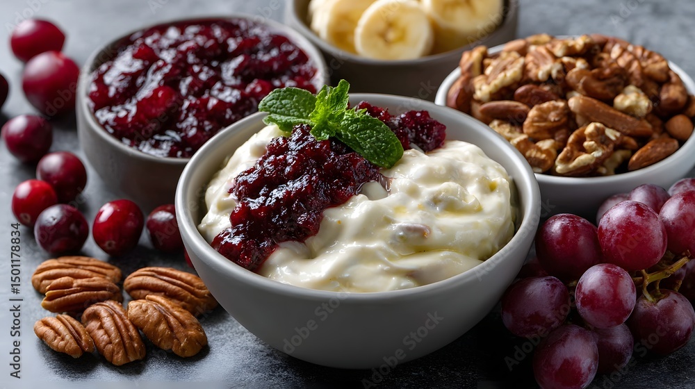Fototapeta premium A delicious bowl of creamy rice pudding with cranberry sauce, garnished with mint, and surrounded by bananas, grapes, and walnuts.