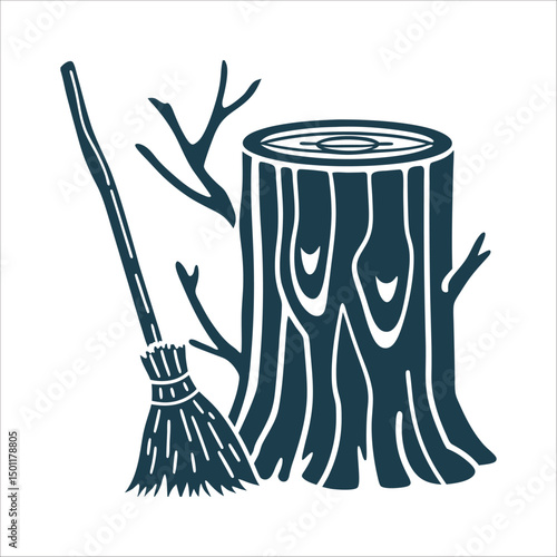 Rustic Birch Broom Leaning on Hollow Tree Stump