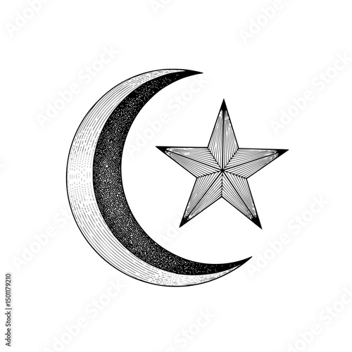Intricate Crescent Moon and Star Design with Stippled Texture