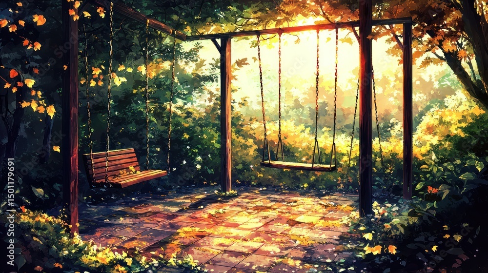 Obraz premium Peaceful garden swing pergola setting