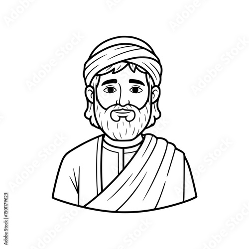 Cartoon man with beard and turban outlined in black and white