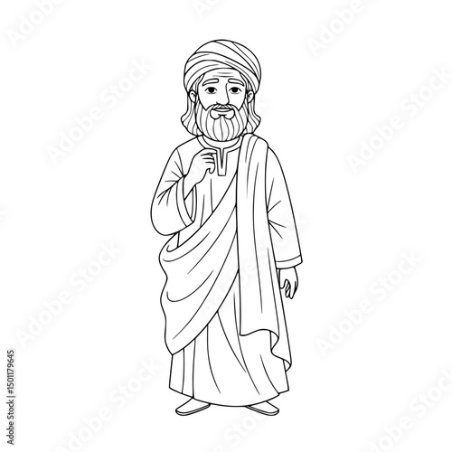 Cartoon man with turban beard and robe in outline drawing