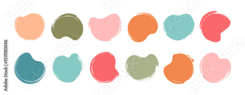Brush paint shape, organic crayon stain, child irregular blob chalk texture, colorful pastel round form, rough spot hand drawn, charcoal doodle text box icon isolated on white bg. Vector illustration