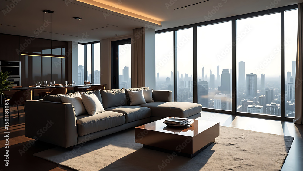 Naklejka premium A bright and airy living room features large windows with stunning ocean view, showcasing cozy sofa, stylish coffee table