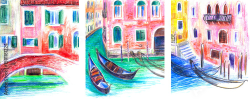 Hand drawn Venice architecture urban sketch set. Colored pencil drawing of ancient city street buildings, canal, bridge, gondolas.