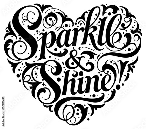 Sparkle & Shine heart-shaped lettering design in black ink on a white background. Elegant calligraphy with decorative flourishes, creating a visually appealing and motivational graphic design.
