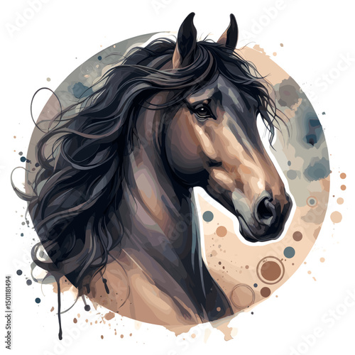 Black Horse. Circle. Horse head.  Portrait. Watercolor style. Isolated on a white background. Banner. Vector illustration, AI