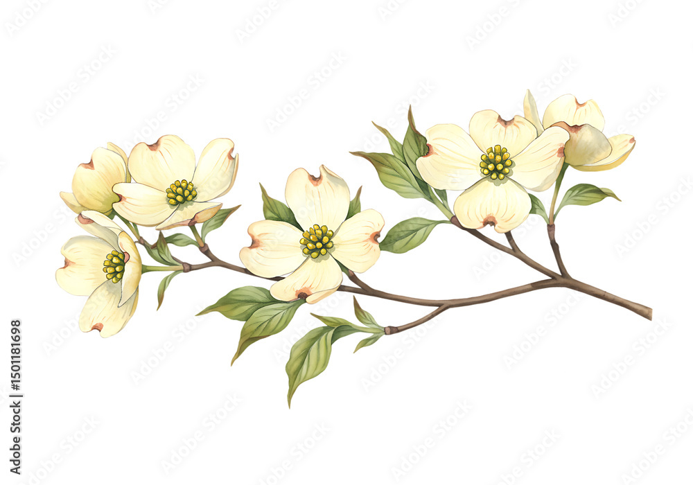Obraz premium Watercolor illustration of a branch featuring dogwood blossoms and green leaves Isolated on transparent background