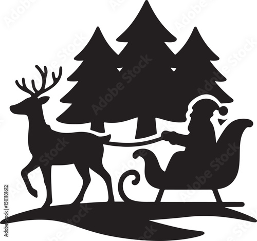Silhouette vector of a sleigh ride in a forest, perfect for winter scenes, holiday cards, festive illustrations, and seasonal design projects.