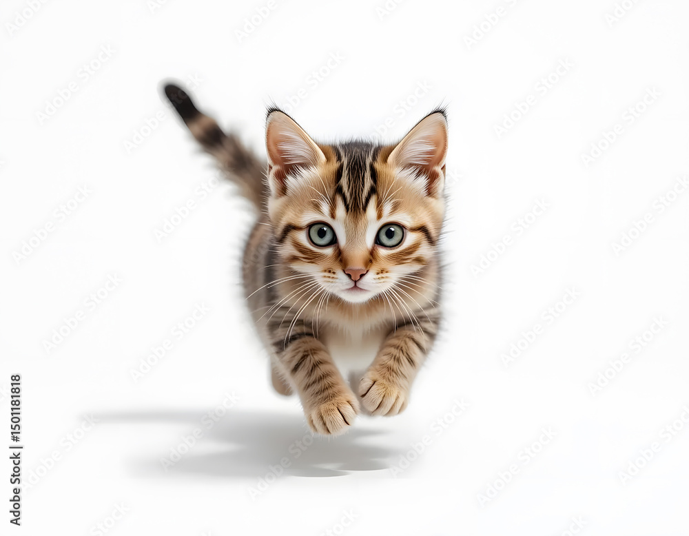 Adorable Tabby Kitten Pouncing on White Background in Studio Setting Adorable Tabby Kitten Pouncing on White Background in Studio Setting
