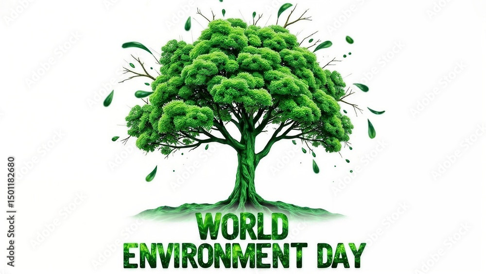 Fototapeta premium A vibrant green tree with lush foliage is surrounded by green droplets. Bold text reads WORLD ENVIRONMENT DAY on a clean white background.