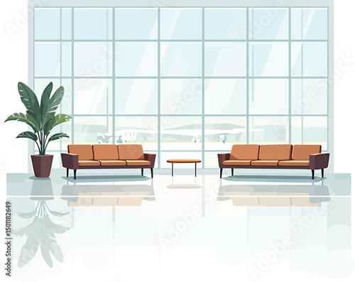 Modern office waiting area design with orange sofas and large windows for a bright and spacious feel space