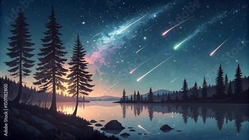 Meteor Shower Over the Forest Lake