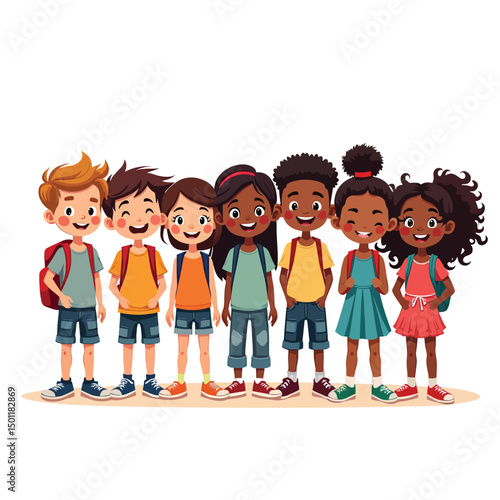 Illustration of diverse group of children standing together ready for back to school education learning