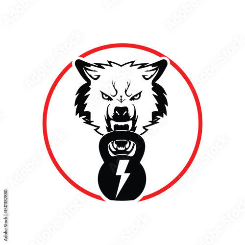 Wolf Fitness logo with wolf head biting barbell