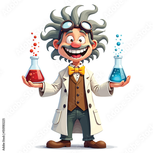 Cartoon mad scientist doing science experiments with beakers and lab coat vector illustration image art