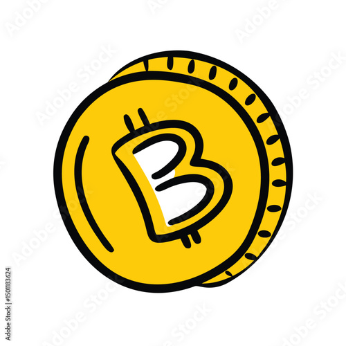 Golden Bitcoin Cryptocurrency Coin Doodle. Crypto Finance Theme. Digital Currency and Decentralized Finance.