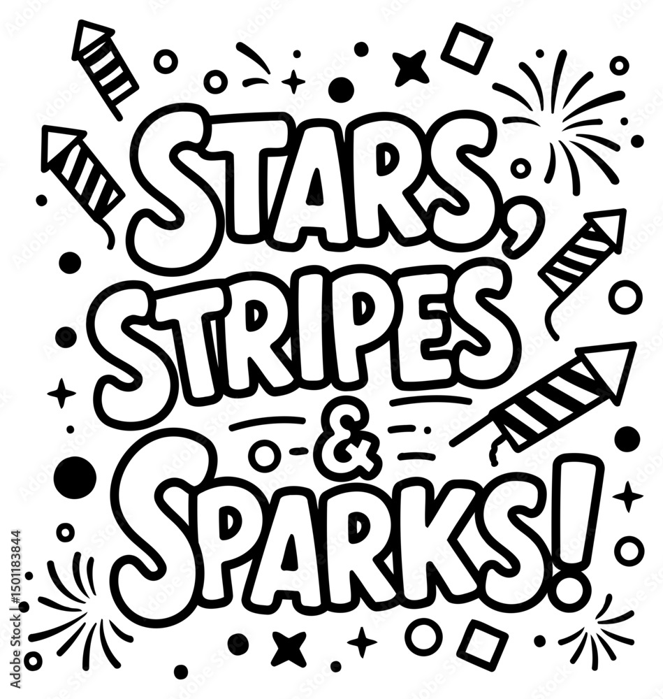 Obraz premium Stars, stripes & sparks graphic design for a celebration. Bold, stylized text with firework and graphic design elements.